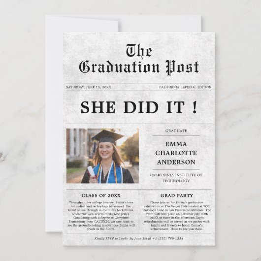Ze heeft het gedaan | Oude stijl Afstuderen krante Kaart (Voorkant)