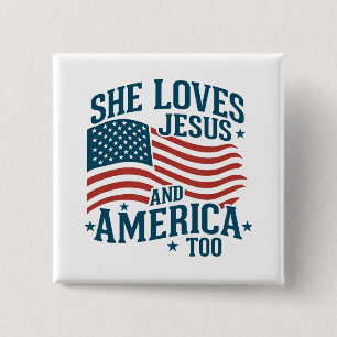 Ze houdt ook van Jezus en Amerika Vlag 4e van de V Vierkante Button 5,1 Cm