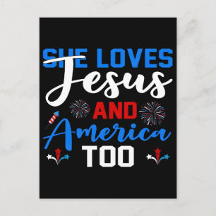 Ze houdt van Jezus en Amerika Ook Retro Patriotisc Feestdagenkaart