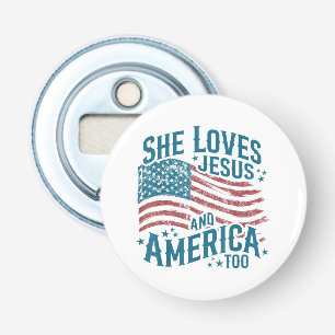 Ze houdt van Jezus en Amerika Ook USA Vlag 4 juli Button Flesopener