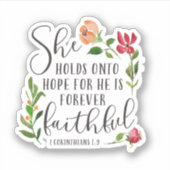 Ze houdt vast aan Hope Bible Verse Floral Sticker (Voorkant)