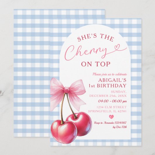 Ze is Cherry op Top Blue Gingham Pink Birthday Bow Kaart (Voorkant / Achterkant)