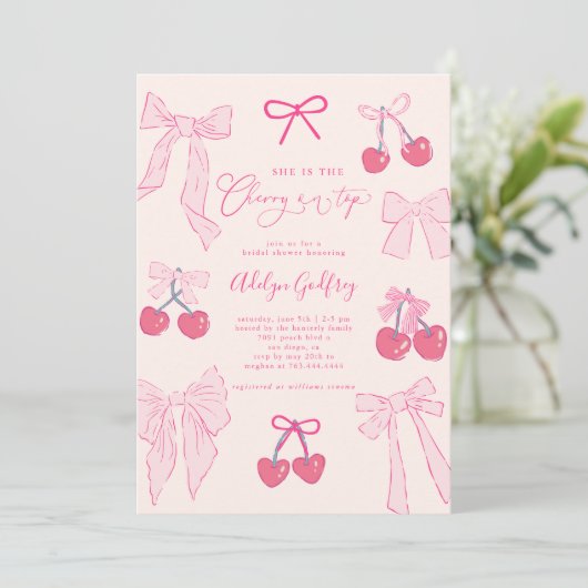 Ze is de Cherry On Top Pink Bow Vrijgezellenfeest Kaart (Staand voorkant)