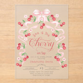Ze is de Cherry op de top roze boog Baby shower Acryl Uitnodigingen (Voorkant)