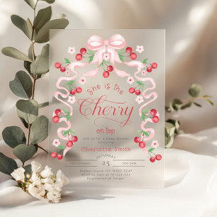 Ze is de Cherry op de top roze boog Baby shower Acryl Uitnodigingen