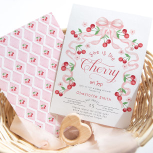 Ze is de Cherry op de top roze boog Baby shower Kaart
