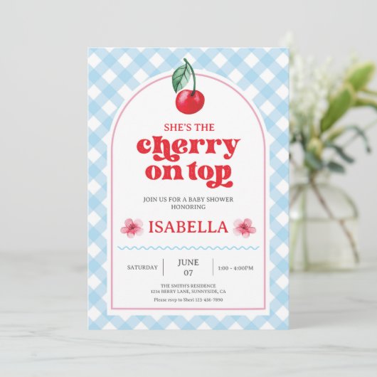Ze is de Cherry op Top Baby shower Invitation Feestdagenkaart (Staand voorkant)