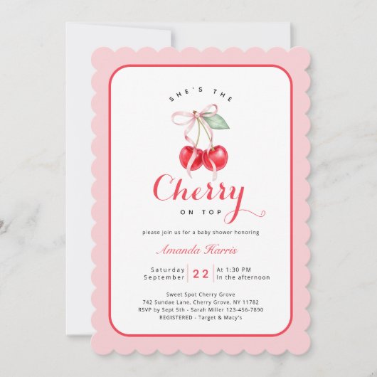 Ze is de kers op de top Baby shower uitnodiging (Voorkant)