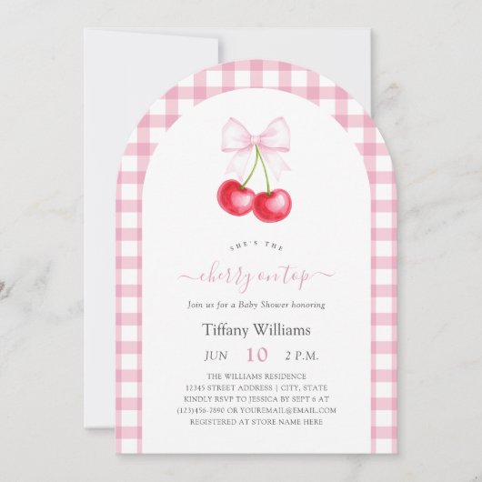 Ze is de kers op de top roze gingham Baby shower Kaart (Voorkant)