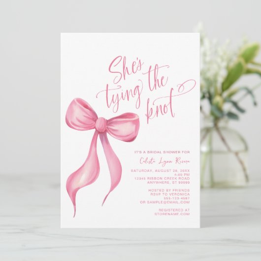 Ze is de knoop roze boog lint Vrijgezellenfeest Kaart (Staand voorkant)