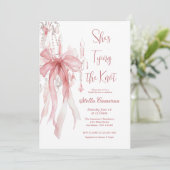 Ze is de knoop roze lint Vrijgezellenfeest Kaart (Staand voorkant)