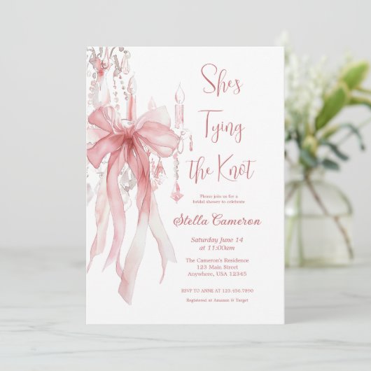 Ze is de knoop roze lint Vrijgezellenfeest Kaart (Staand voorkant)