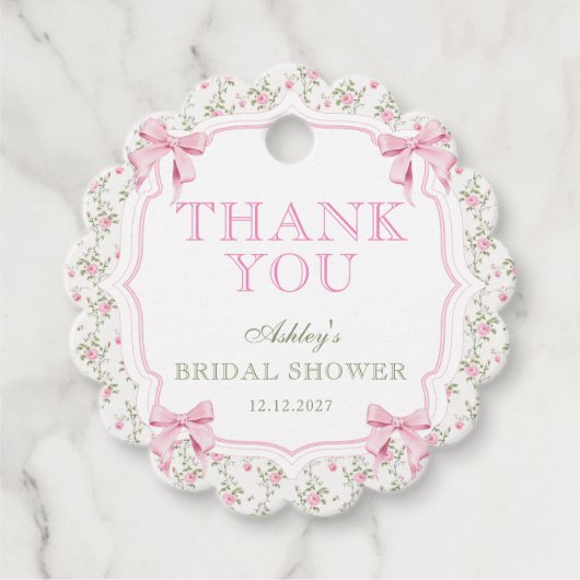 Ze is de knoop roze strik Vrijgezellenfeest Bedankjes Labels (Voorkant)