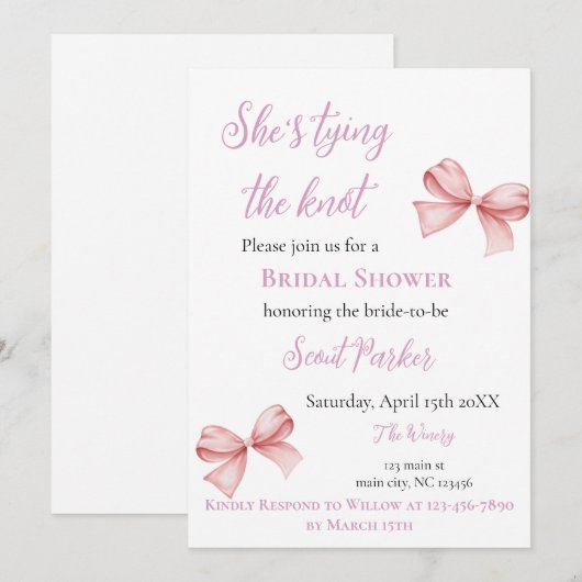 Ze is de knoop roze strik Vrijgezellenfeest Kaart (Voorkant / Achterkant)