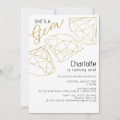 Ze is een Gem Glitter Gold First Birthday Invite Kaart (Voorkant)