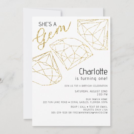 Ze is een Gem Glitter Gold First Birthday Invite Kaart (Voorkant)