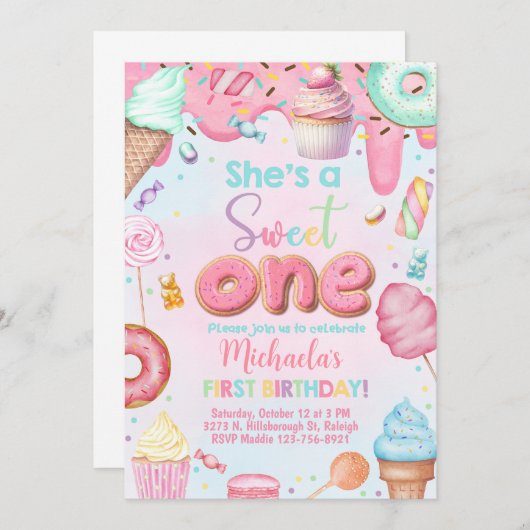 Ze is een Sweet One meisje 1e verjaardag uitnodigi Kaart (Voorkant / Achterkant)
