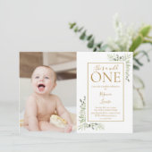 Ze is een Wild One 1st Birthday Greenery Foto Kaart (Staand voorkant)