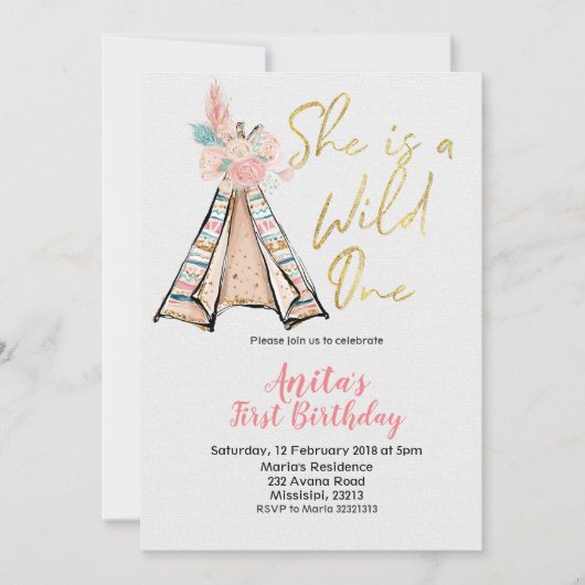 Ze is een Wild One Birthday Invitation Boho Teepee Kaart (Voorkant)