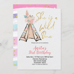 Ze is een Wild One Birthday Invitation Boho Teepee Kaart