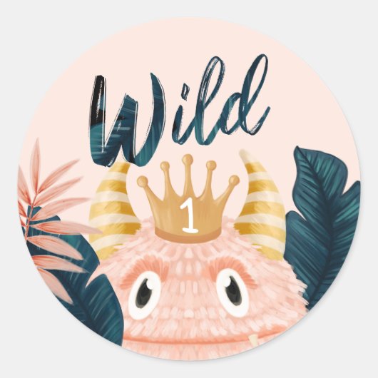 Ze is een Wild One Pink Monster & Tropisch Oerwoud Ronde Sticker (Voorkant)