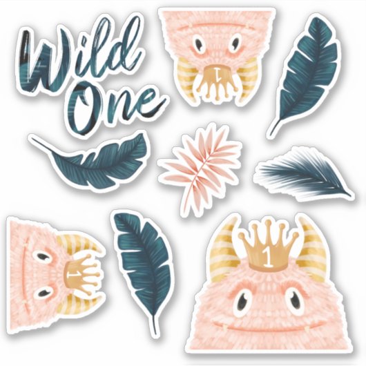 Ze is een Wild One Pink Monster & Tropisch Oerwoud Sticker (Voorkant)