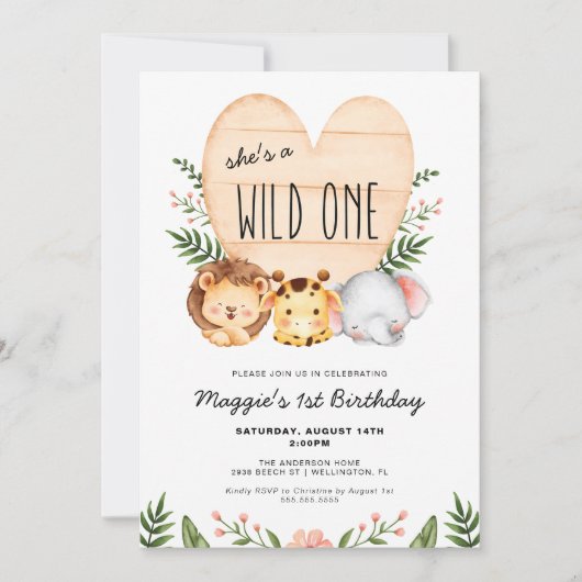 Ze is een wilde één safari dieren 1e verjaardag kaart (Voorkant)