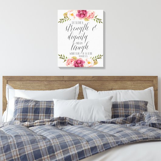 Ze is gekleed in kracht en waardigheid | Schrift Canvas Afdruk (Insitu (Slaapkamer))