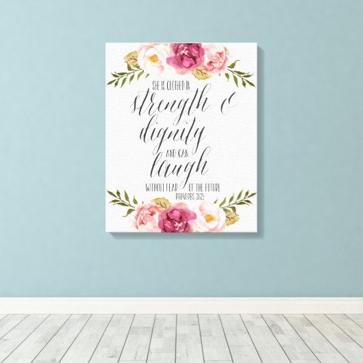 Ze is gekleed in kracht en waardigheid | Schrift Canvas Afdruk (Insitu (Houten vloer))