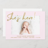 Ze is hier Gold en Blush Handwrited Photo Birth Aankondiging (Voorkant / Achterkant)