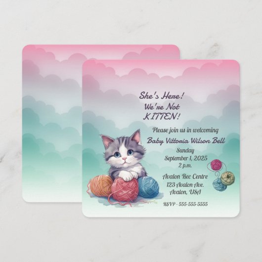 Ze is hier, we zijn geen kitten wolken garen kaart (Voorkant / Achterkant)