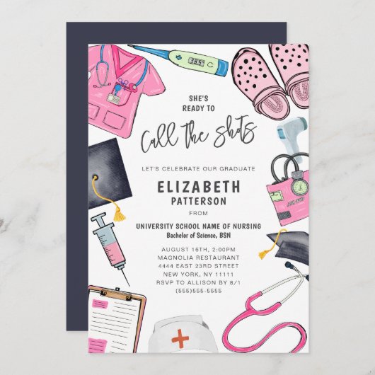 Ze is klaar Call Shots Nurse Graduation Party Kaart (Voorkant / Achterkant)