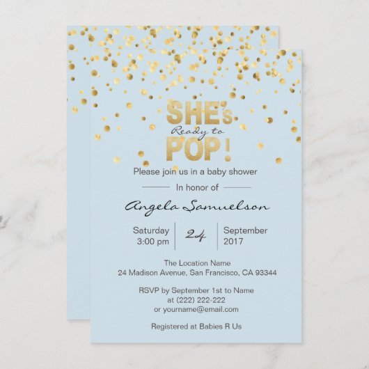 Ze is klaar om Blue Gold Boy Baby shower te POPPEN Kaart (Voorkant / Achterkant)