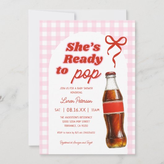 Ze is klaar om de Pop meisje frisdrank Baby shower Kaart (Voorkant)