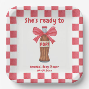 Ze is klaar om frisdrankfles babyshower te laten k papieren bordje