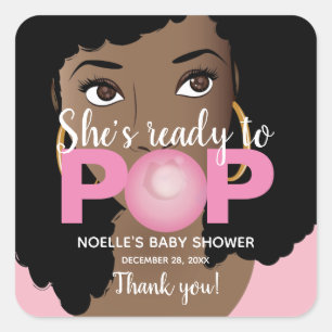 Ze is klaar om roze Baby shower Natural Hair te Po Vierkante Sticker