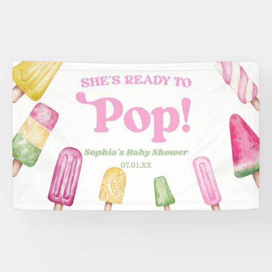 Ze is klaar om roze ijsje Baby shower te Poppen Spandoek (Horizontaal)