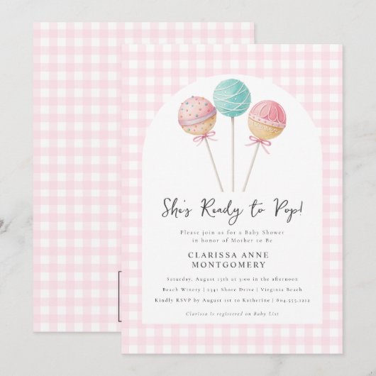 Ze is klaar voor de Pop Cake Baby shower Invitatio Kaart (Voorkant / Achterkant)