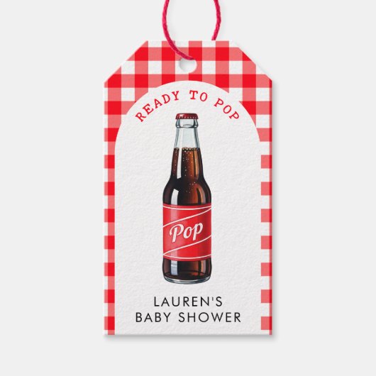 Ze is klaar voor de Pop van frisdrank geplakt rood Cadeaulabel (Voorkant)