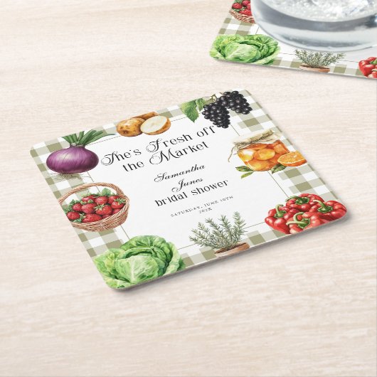 Ze is net van de markt Gingham Bruidsdiner Kartonnen Onderzetters (Schuin)
