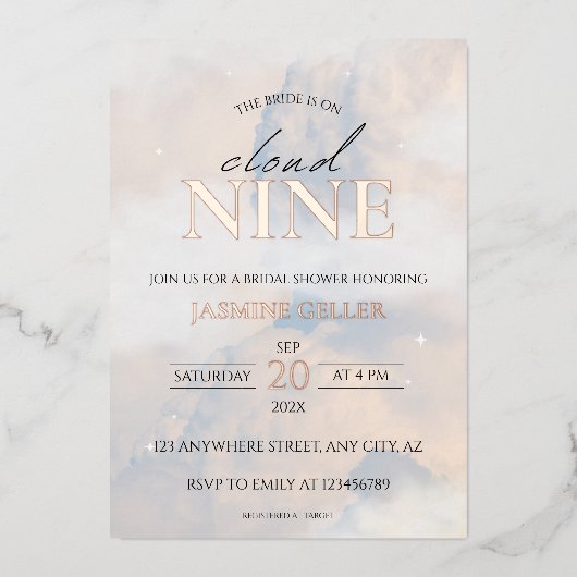 Ze is op cloud 9 Roos Gold Elegant Vrijgezellenfee Folie Uitnodiging (Voorkant)