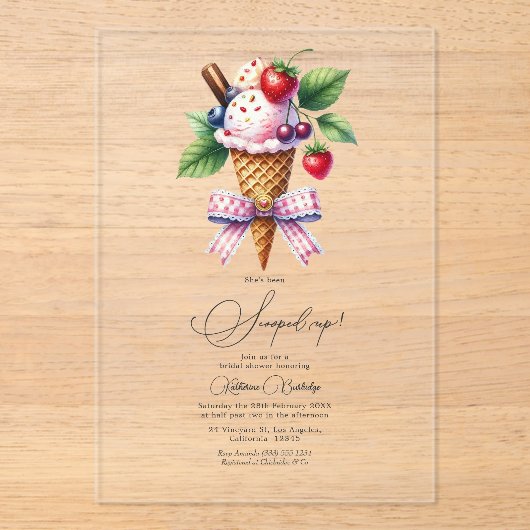 "Ze is opgepakt!" Ice Cream Vrijgezellenfeest Acryl Uitnodigingen (Voorkant)