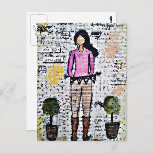 Ze is Treasured. Origineel gemengde media Briefkaart (Voorkant / Achterkant)