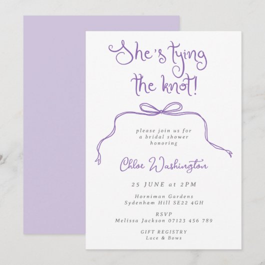 Ze is Tying the Knot Lila Fun Bow Vrijgezellenfees Kaart (Voorkant / Achterkant)