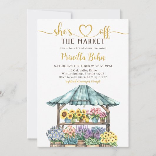 Ze is van de markt Bloem Bruids Douche uitnodiging (Voorkant)