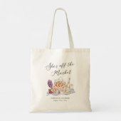 Ze is van de markt Boerenmarkt Bruidsborrel Tote Bag (Achterkant)