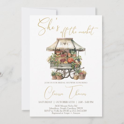 Ze is van de markt bruids douche uitnodiging (Voorkant)