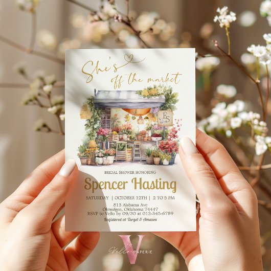 Ze is van de markt bruids douche uitnodiging