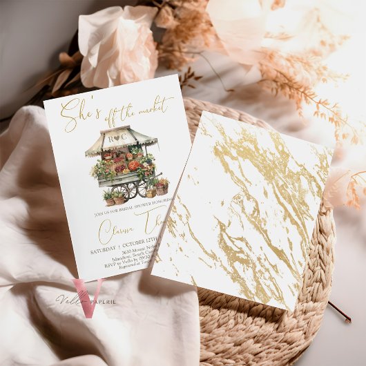 Ze is van de markt bruids douche uitnodiging