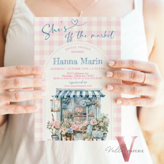 Ze is van de markt bruids douche uitnodiging